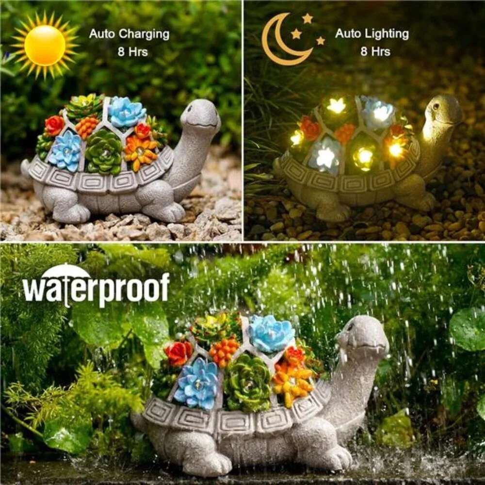 Nacome Solar Garden Outdoor Statues Turtle with Succulent and 7 LED Lights - - Picture 6 of 7